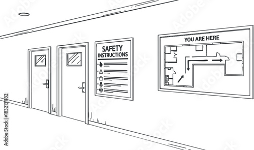 A hallway scene featuring safety instructions and a building map in black and white outline vector style, ideal for safety signage design