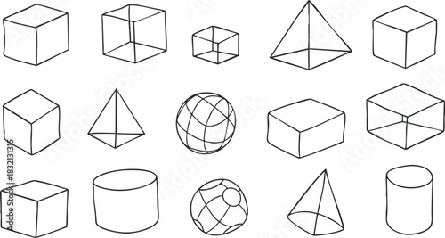 A collection of geometric shapes including cubes, spheres, and pyramids in minimalist black outline vector style, ideal for educational materials