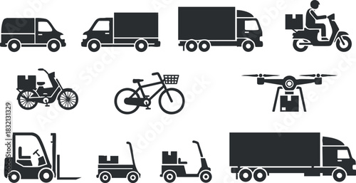 A set of various delivery vehicles including vans, trucks, bicycles, motorcycles, and drones in flat black and white vector style, ideal for logistics and transportation design