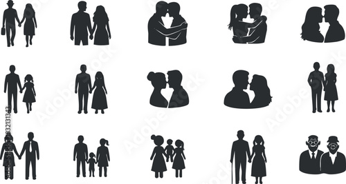A collection of couple and family silhouettes in black and white minimalist vector style, ideal for relationship-themed projects