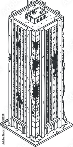 A tall dilapidated skyscraper with visible damage and overgrowth in black and white outline vector style, suitable for urban decay themes