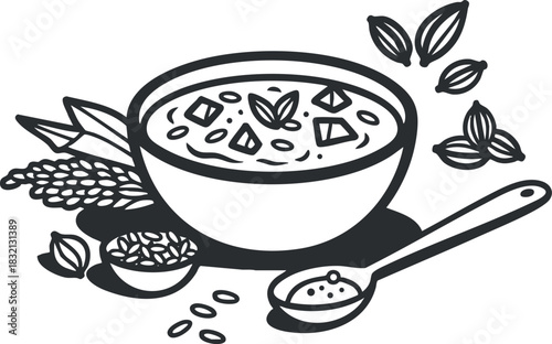 A bowl of oatmeal with grains and spices in black and white minimalist vector style, ideal for healthy eating concepts