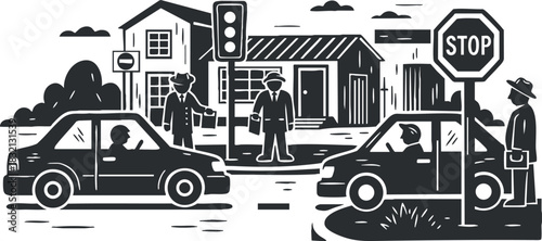 A street scene featuring cars, pedestrians, and traffic signals in black and white vector style, ideal for urban safety illustrations