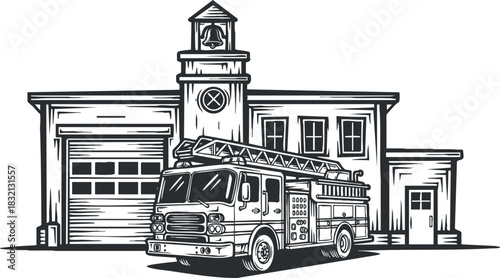 A fire truck in front of a fire station depicted in black and white illustration style, suitable for emergency services branding