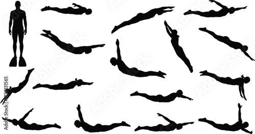 Swimming silhouettes vector set, diver and swimmer people collection, underwater poses, man with flippers, water sports illustration, isolated