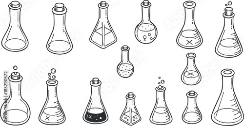 A collection of various laboratory flasks and beakers in outline vector style, suitable for educational and scientific projects