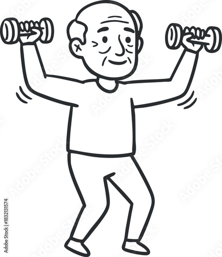 An elderly man exercising with dumbbells in a playful outline style, perfect for health and wellness themes