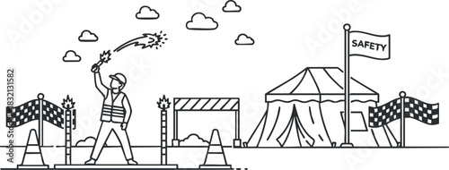 A construction worker signaling safety with a flare in a black and white outline vector style, ideal for safety training materials