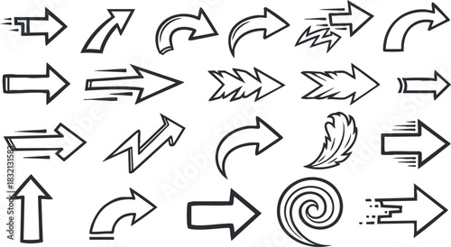 A collection of various arrow icons in black outline vector style, perfect for graphic design and directional signage