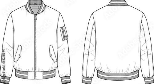 Bomber jacket vector technical drawing, pilot coat flat sketch with sleeve pocket, front and back view apparel design template