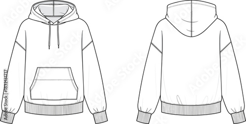 Oversized hoodie vector sketch, fashion technical drawing template, sweatshirt with kangaroo pocket, front and back view, flat apparel illustration
