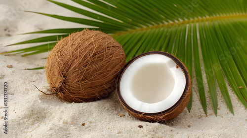 Whole and halved coconut with palm