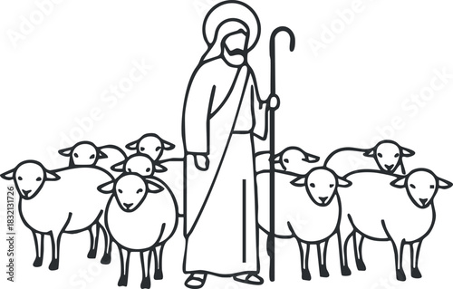 A shepherd with a staff surrounded by a flock of sheep in minimalist black and white vector style, suitable for religious and pastoral themes