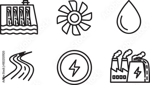 Renewable Energy Sources Hydroelectric Dam Wind Turbine Water Drop River Lightning Bolt Power Plant.