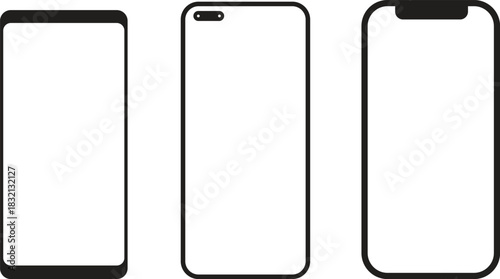 Realistic smartphone mockup set featuring transparent screens and front view devices on a clean background.