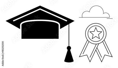 Black mortarboard with tassel, outlined badge with star, and cloud icon signifying learning, success, and goals. Ideal for learning, success, aspiration, recognition achievement celebration goals