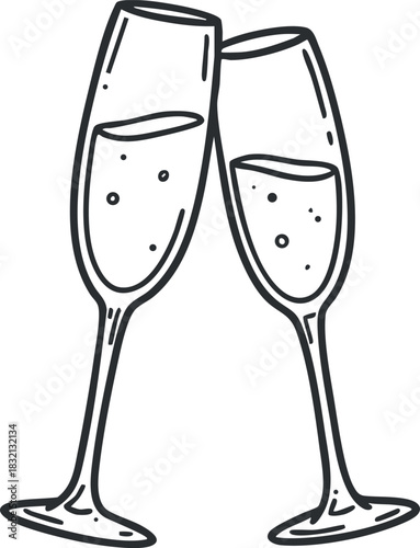 A set of two champagne flutes clinking together in minimalist outline vector style, perfect for celebration designs