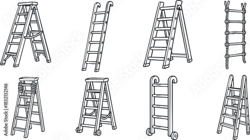 A collection of various ladder designs in black and white outline vector style, perfect for construction and home improvement projects