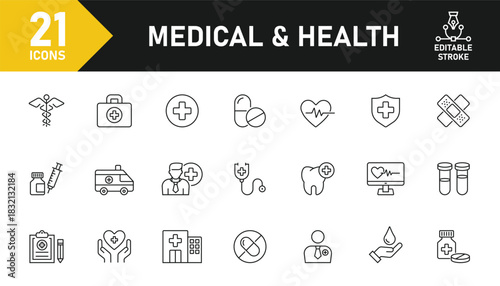 Medical and health line icon set. Set of 21 outline icons related to medical, health, medicine, pharmacy, doctor, hospital, ambulance, care and others. Editable stroke. Vector illustration.