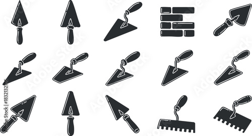 A collection of trowels and masonry tools in flat black and white vector style, ideal for construction and DIY projects