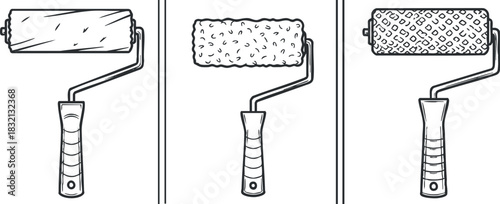 A set of paint rollers in black and white outline vector style, perfect for home improvement projects and DIY crafts