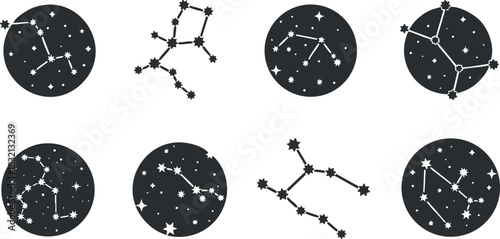 A set of eight constellation designs in black and white vector style, ideal for astrology and astronomy themes