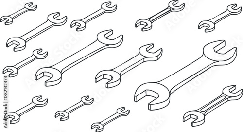 A collection of various wrenches in a clean black and white outline vector style, suitable for mechanical and repair services