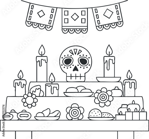 An altar featuring a decorated skull, candles, flowers, and offerings in black and white outline vector style, ideal for cultural celebrations