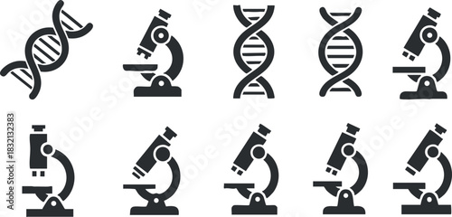 A collection of microscope and DNA icons in black and white flat vector style, suitable for scientific and educational projects