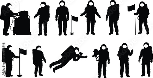 Astronaut silhouette set, space suit, flag pose, equipment handling, floating action, black icons, vector pack, flat vector, space activity