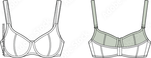 bra, lingerie, front view, back view, underwire, hook closure, fashion, garment, technical, seam, straps, stitching, pattern, apparel, intimate, clothing, design, template, cad drawing flat vector