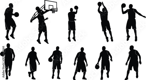 Basketball player silhouettes, slam dunk, dribbling, shooting pose, hoop action, sports icon, black vector, flat vector, athletic motion