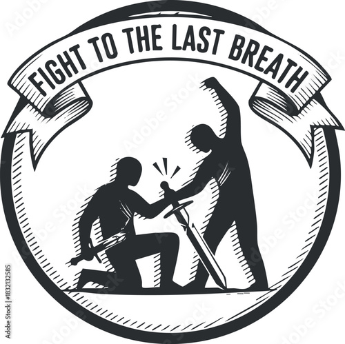 A dynamic illustration of two fighters in combat with swords in a black and white retro vector style, ideal for motivational themes