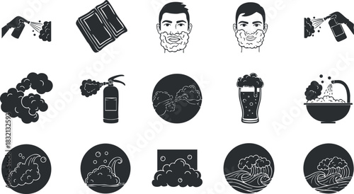 A collection of icons depicting soap, water, fire extinguisher, beer, and waves in black and white vector style, ideal for hygiene and beverage branding