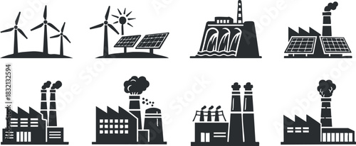 A collection of energy industry icons featuring wind turbines, solar panels, and factories in black outline vector style, ideal for environmental projects and renewable energy presentations