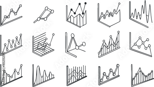 A collection of various line graphs and charts in clean minimalist vector style, suitable for data analysis and business presentations