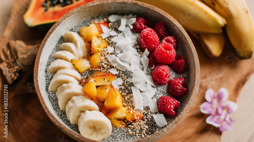 バナナ、マンゴー、ラズベリーをトッピングしたチアシードボウル｜ヘルシーな朝食