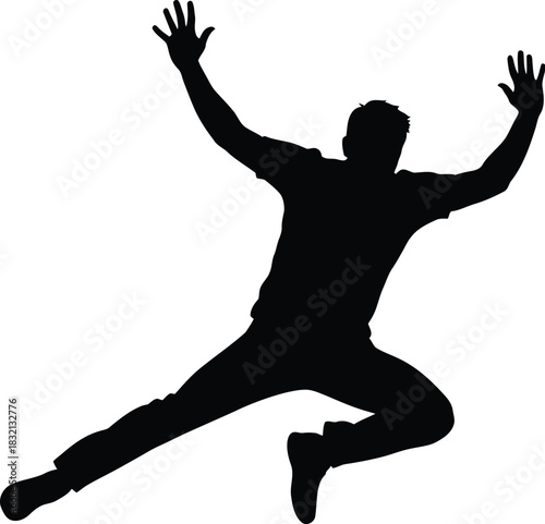 Silhouette of a man jumping with lifted arms
