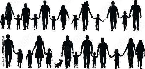 Family silhouette set, parents and children, walking together, holding hands, pet dog, black icons, vector pack, flat vector
