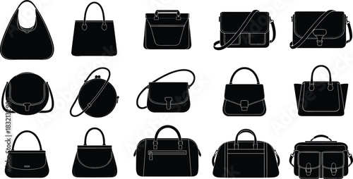 WebA collection of black silhouettes of diverse women's handbags, showcasing various fashion accessory styles, including totes, shoulder bags, and modern clutches for design.