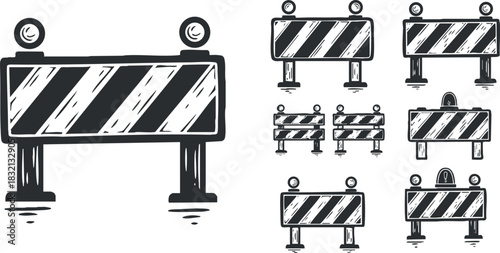 A collection of hand-drawn construction barriers in black and white vector style, ideal for traffic and safety illustrations