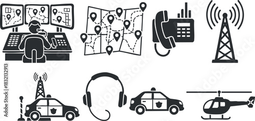 A collection of communication and emergency service icons in black and white vector style, suitable for technology and transportation designs