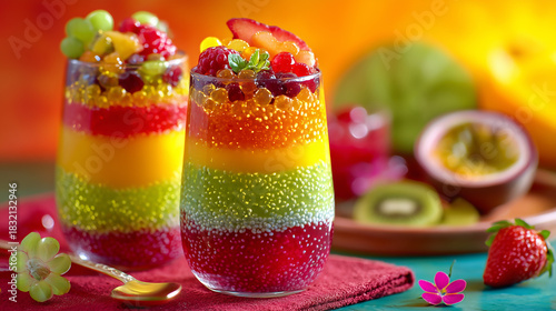 トロピカルフルーツとサゴの虹色パフェ、ヘルシーデザート