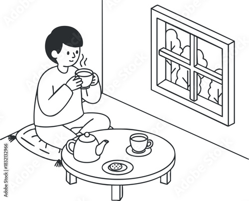 A person sitting on a cushion enjoying tea at a round table by a window in black and white minimalist vector style, perfect for lifestyle illustrations