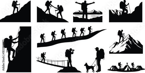 Hiking adventure silhouettes, mountain climbing, teamwork, trekking poles, nature exploration, campsite scene, black icons, vector set, flat vector