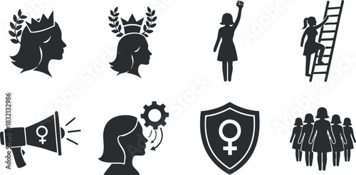 A collection of women empowerment icons in black silhouette vector style, suitable for feminist advocacy and social campaigns