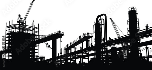 Industrial construction silhouette, cranes, scaffolding, workers, infrastructure build, factory site, black icon, vector set, flat vector, engineering scene