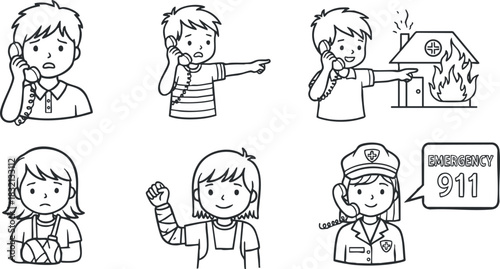 A set of emergency response illustrations featuring children and emergency services in black and white outline vector style, ideal for safety training materials