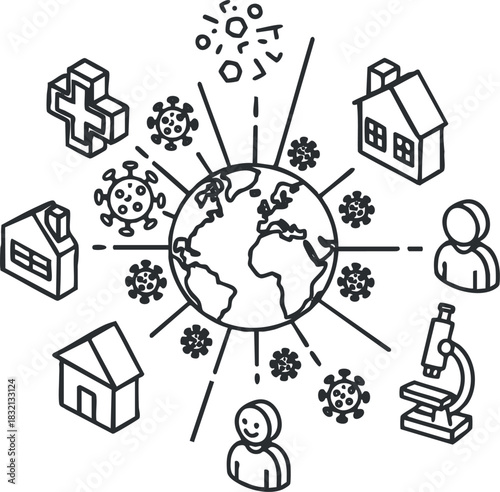 A collection of health-related icons including a globe, virus symbols, a microscope, and houses in black outline style, suitable for educational and health awareness projects