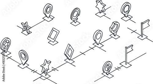 A collection of navigation and location icons in clean outline geometric vector style, suitable for web and app design